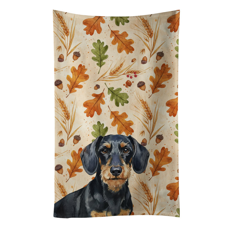 Wirehaired Black and Tan Dachshund Heirloom Fall Kitchen Towel, Wirehaired Black and Tan Dachshund