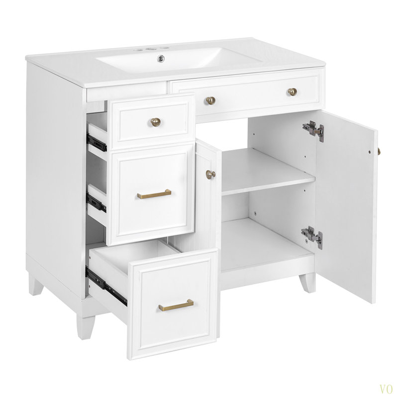 Meuble-lavabo de 36 po avec lavabo en céramique, tiroirs standard et double couche, portes à fermeture en douceur, tablettes réglables, armoire de rangement moderne pour petites et moyennes salles de bain