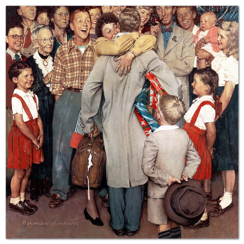 Ritorno a casa per Natale by Norman Rockwell - Square Painting on Glass