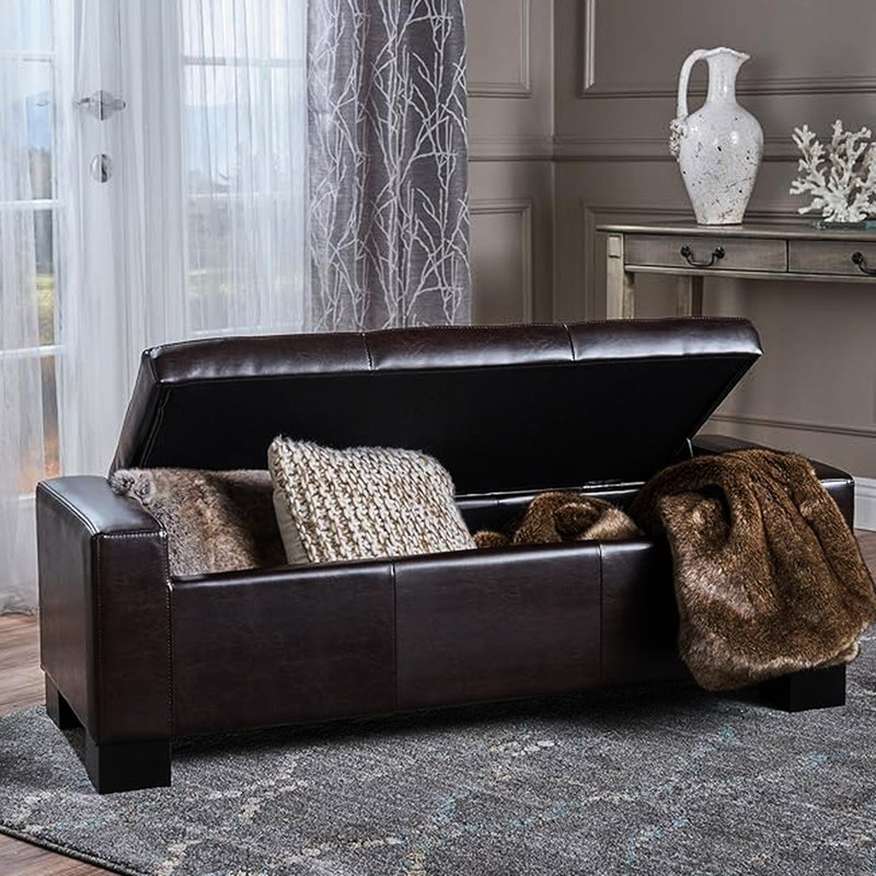 Banc de rangement brun. Le look ajoute de la classe. Peut accueillir des oreillers, des couvertures et des fournitures pour animaux. Charnière pressurisée pour une ouverture pratique. Assemblage requis. L 50,75 po x P 20 po H 17 po - Brun. Apparence