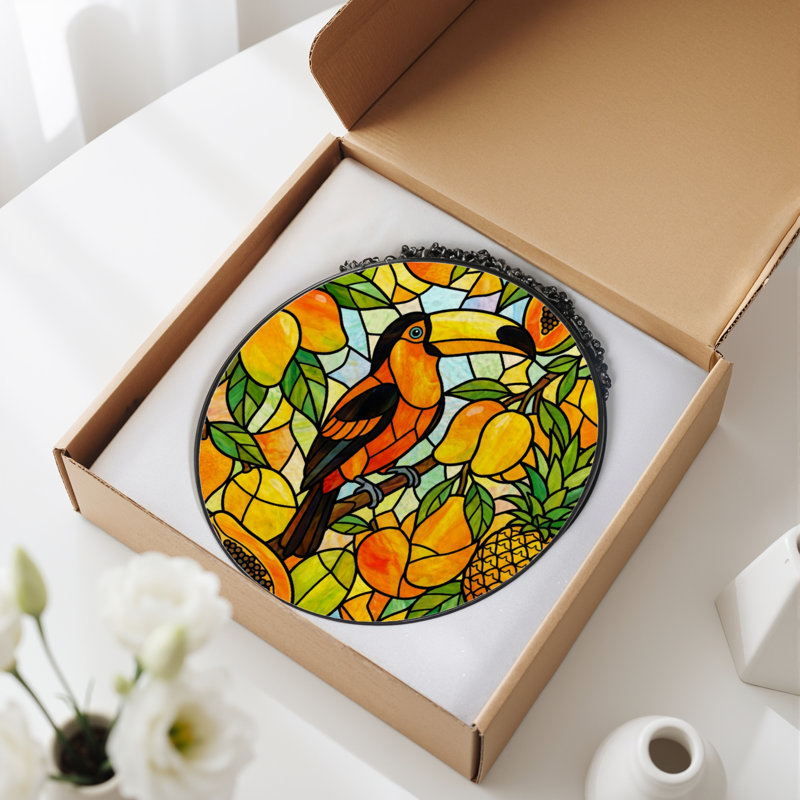 7.8"H Toucan Fruit Stained Glass Window Panel, 7.8" H x 7.8" W