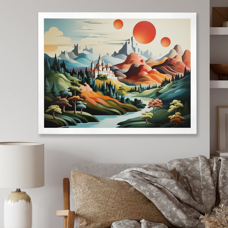 Multicolore, lune, châteaux, montagne, châteaux, art mural, Cadre de coin blanc fermé, H 16 po x l 32 po x P 1 po