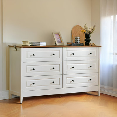 White 6-Drawer Dresser Storage Cabinet with Metal Handles, Wide Drawers & Red Wood Grain Finish?? by August Grove