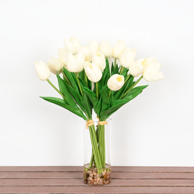 Arrangement floral de tulipes artificielles 14 "dans un vase avec de l'eau artificielle, long feuillage vert de campagne, bouquet floral en vrac pour fête de mariage