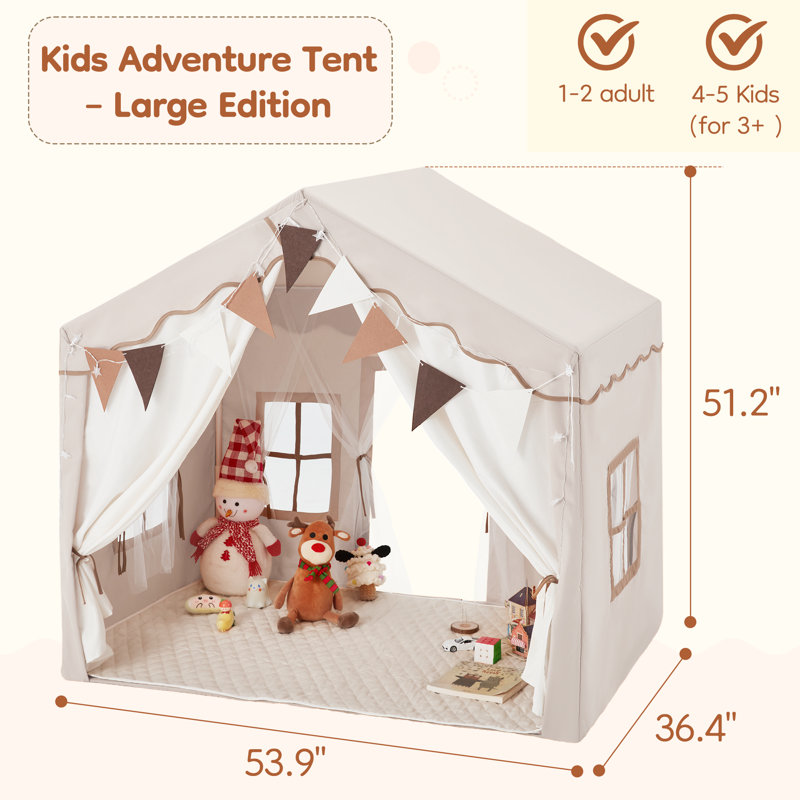 53.9" L X 36.4" W  Kids Tent Playhouse With Led Star Light & Padded Mat, Beige