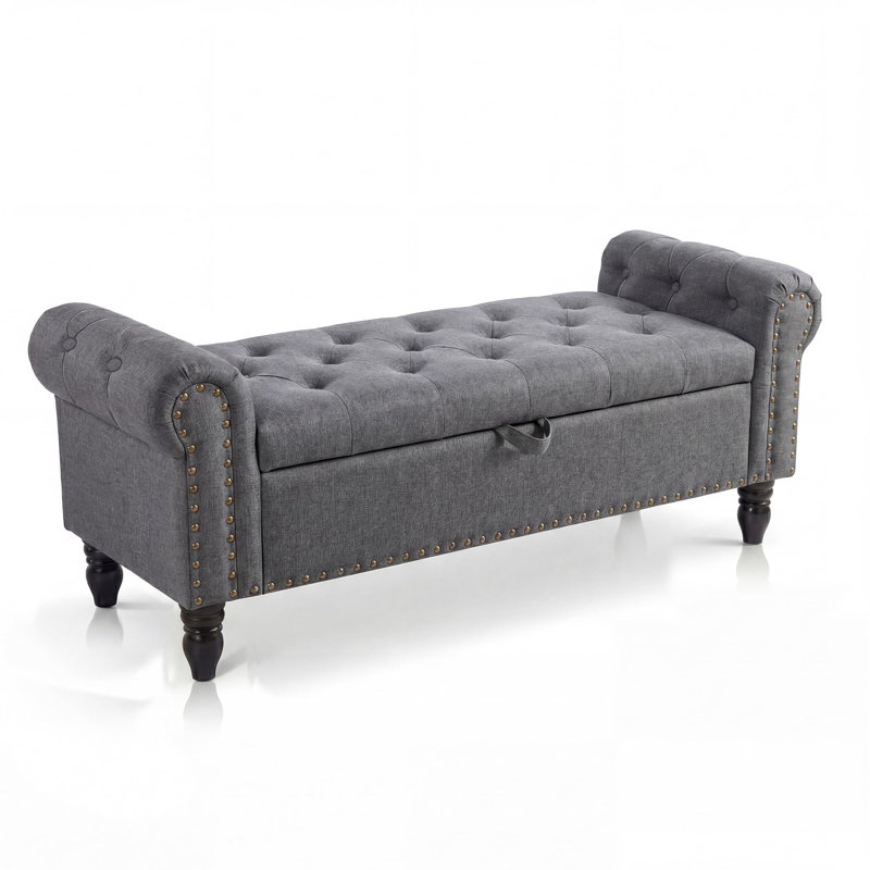 51in Bedroom Storage Bench for End of Bed, Upholstered Ottoman Bench with Button Tufted Design and Rolled Arms, Anti Cotton and Linen Entryway Bench with Safety Hinge for Living Room, Closet