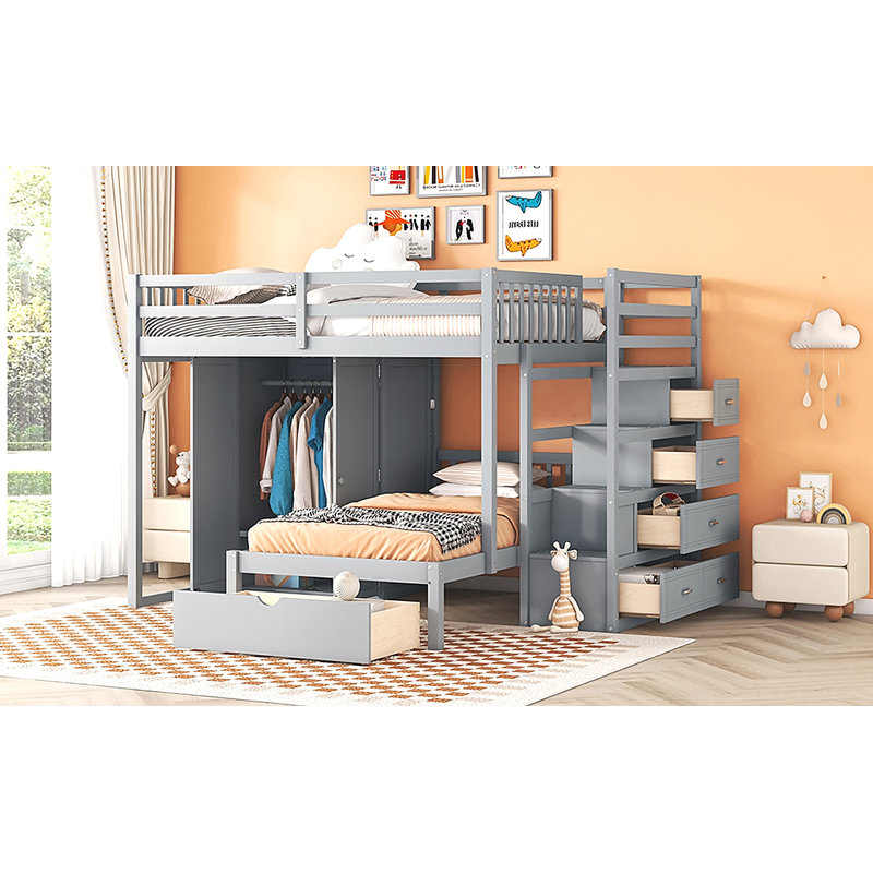 Lit superposé double au-dessus de simple avec garde-robe et tiroirs, Gris