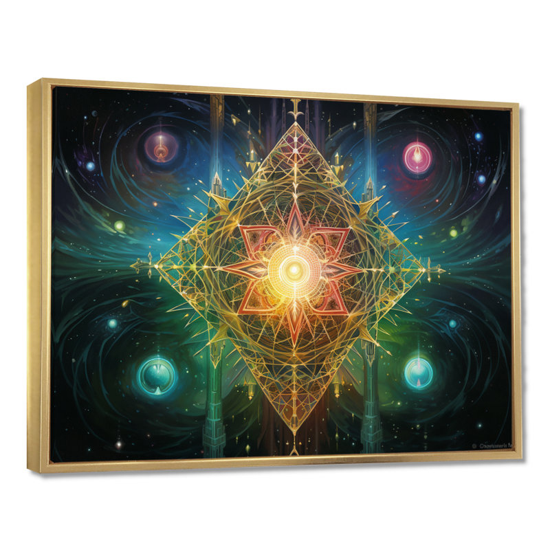 Galactic Sacred Star - Boho Mandala Wall Art, Gold Floater Framed Canvas, 12" H x 20" W x 1" D