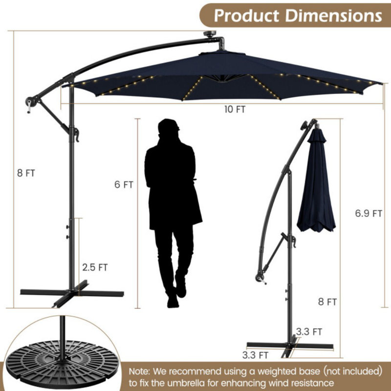 Coffee 10FT Solar-Lighted Cantilever Offset Patio Umbrella