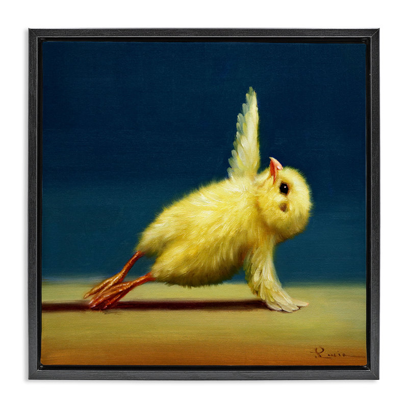 Poussin jaune qui s'étend du yoga, H 18 po x l 18 po, Cadre flottant noir de jais