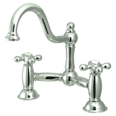 Kingston Brass Restoration Two-Handle 3-Hole Deck Mount Bridge Bathroom Faucet with Brass Pop-Up