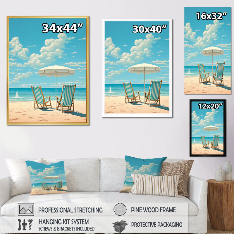 Chaises de plage rétro sous un ciel bleu clair I - reproduction sur toile, Cadre naturel flottant, H 32 po x l 16 po x P 1 po
