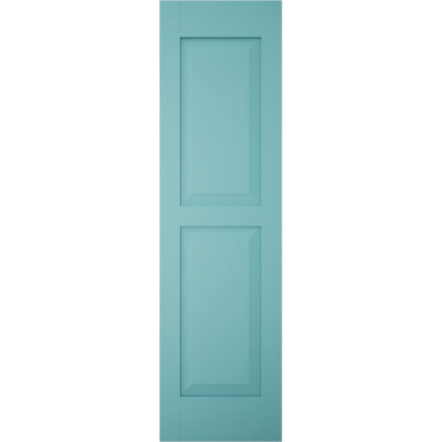 12"W x 80"H Americraft Two Equal Raised Panel Exterior Real Wood Shutters (Per Pair), w/ Aluminum Shutter Caps, Pure Turquoise