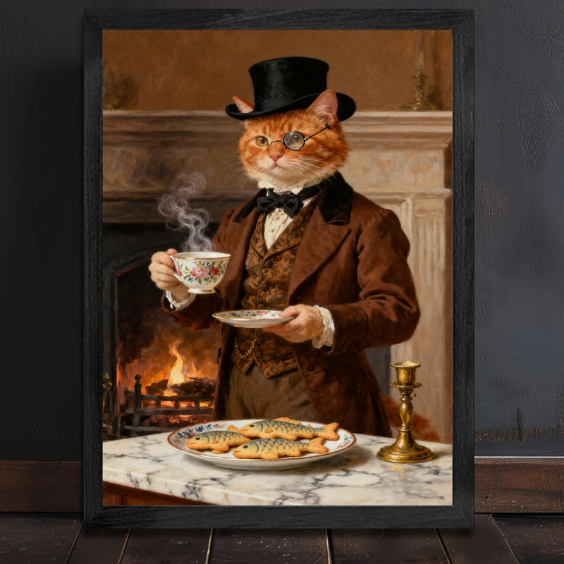 «Black Cat Vintage» encadré noir, art buvant du thé, impressions encadrées de style rétro, H 11 po x l 9 po