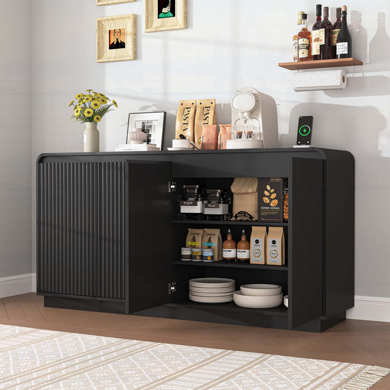 Handleless Wave Design Storage Cabinet, Black