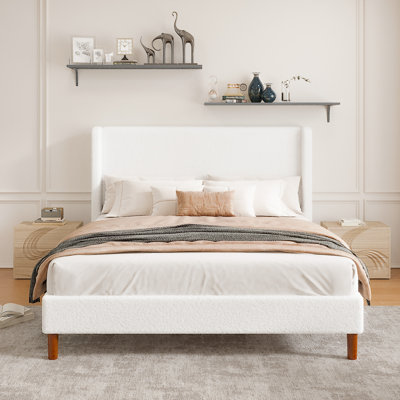 Structure de lit double, lit plateforme tapissier avec tête de lit à oreilles Boucle, support de lattes en bois robuste, sommier anti-bruit sans sommier, assemblage facile, blanc