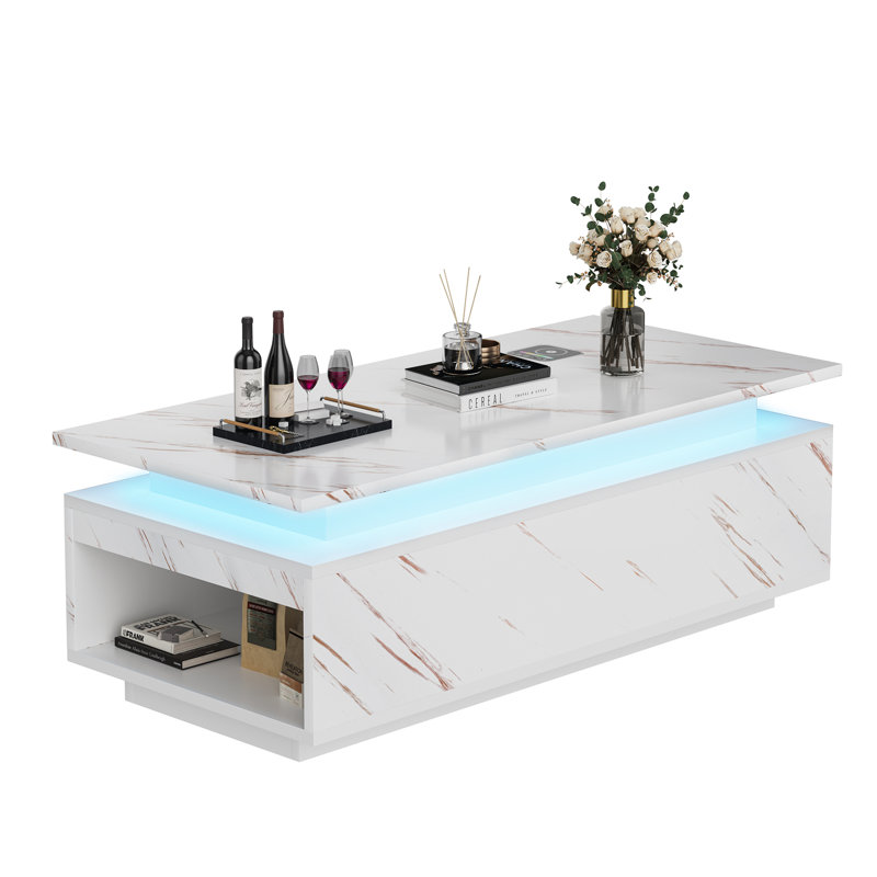 Modern LED Coffee Table, 47.2-Inch Coffee Table With Wireless Charging And Speaker, Large Storage Space, High Glossy Coffee Table For Living Room, Bedroom