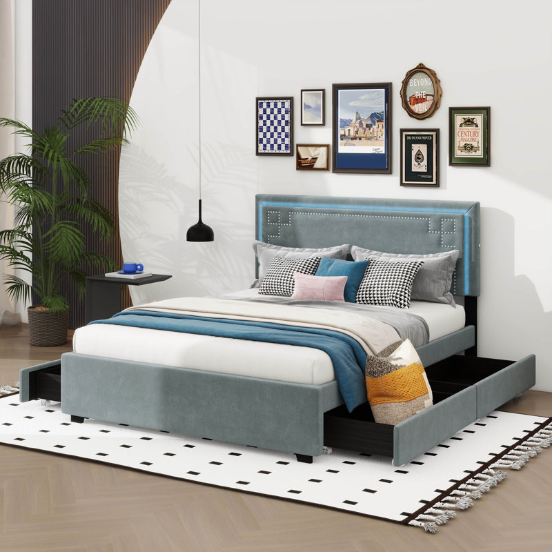 Caramie Upholstered Platform Bed with Rivet-decorated Headboard, Gray
