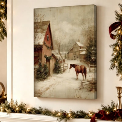 Tableau sur toile de Noël représentant une grange rouge enneigée avec un cheval, scène de ferme hivernale, décoration murale de Noël, impression style ferme pour salon, 50 x 75 cm