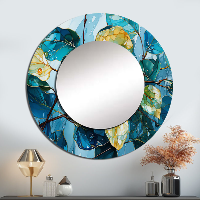 Feuilles charmantes harmonie liquide - feuilles grand miroir, miroir rond vert unique, impression sur métal, art