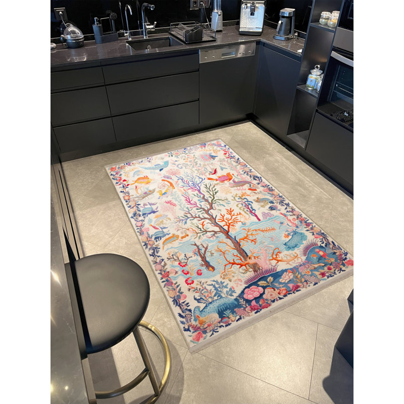 Tapis décoratif multicolore à motif d'arbres et d'oiseaux, Tapis de couloir 2 pi 8 po x 7 pi 11 po