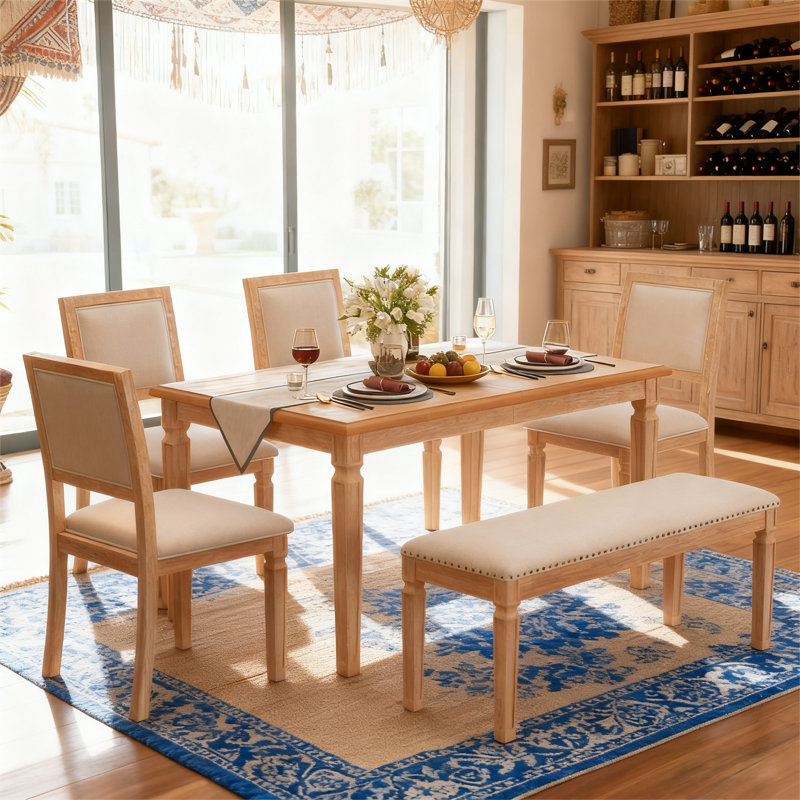 Vintage 6-Piece Extendable Dining Table Set with 4 Upholstered Chairs and Bench, 59–72'' Rustic Farmhouse Dining Room Table Set with Distressed Finish and Carved Legs