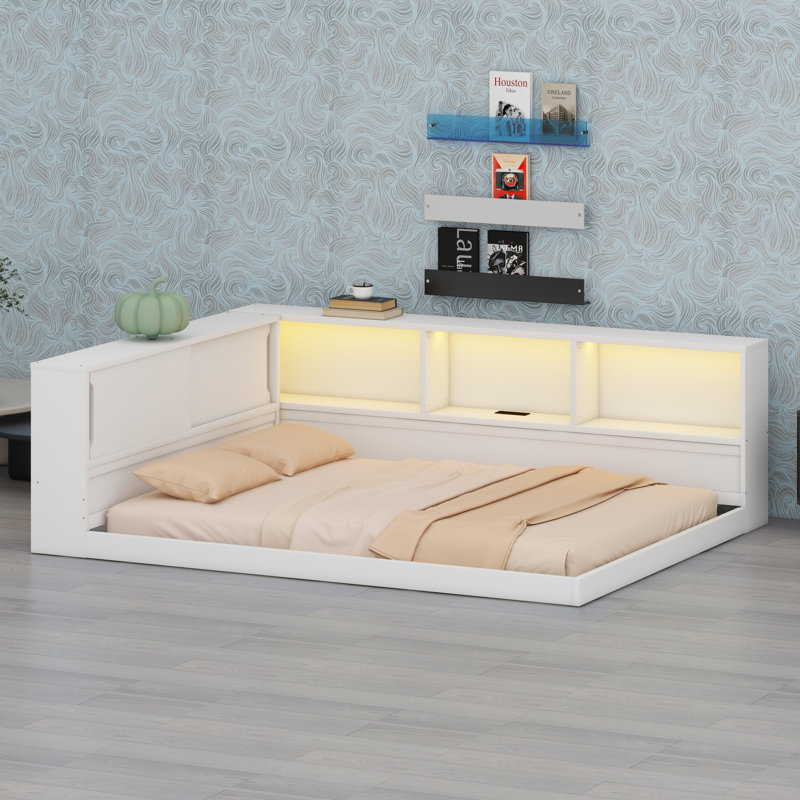 Daybed with Integrated Storage Shelves, USB Charging Ports, and LED Lighting – Multi-Functional Lounge Furniture, White