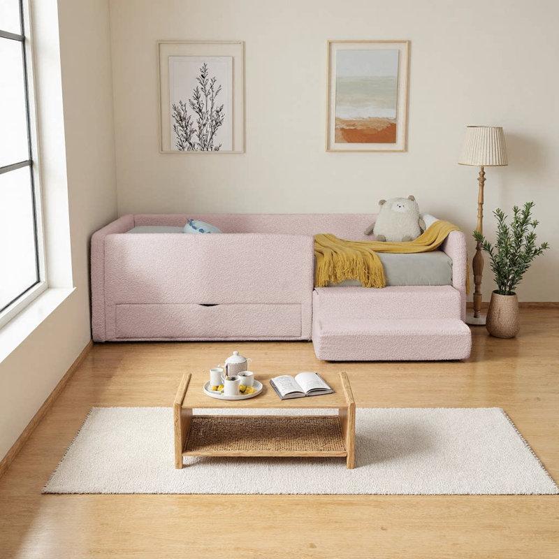 Adorable lit simple pour enfant avec garde-corps et rangement - Tissu rose bouclé, sécuritaire et confortable, Rose