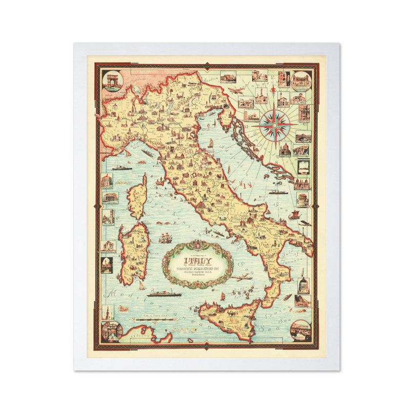 Carte illustrée de l'Italie, Affiche, H 12 po x l 16 po, Encadrement blanc