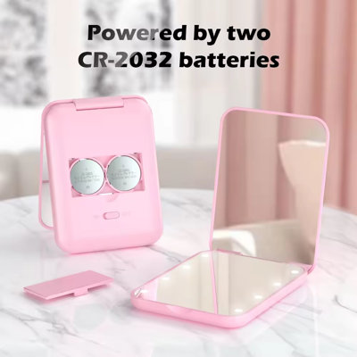 Miroir de maquillage portable à DEL avec 8 perles à DEL intégrées, miroir cosmétique compact pliable alimenté par pile à bouton CR2032, miroir de coiffeuse de voyage en plastique et en verre ABS pour un maquillage quotidien du visage