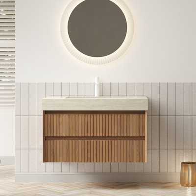 Ensemble de meuble-lavabo à rayures flottant avec 2 tiroirs et plateau en travertin espresso
