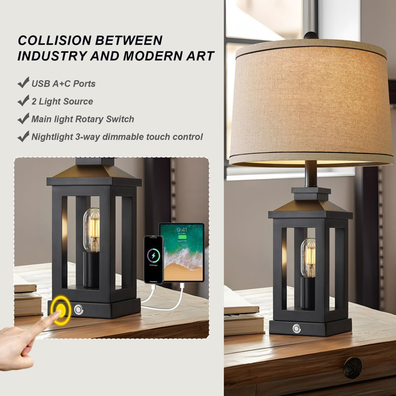 23.75" Black Metal Table Lamp Set with Beige Shade and USB Ports