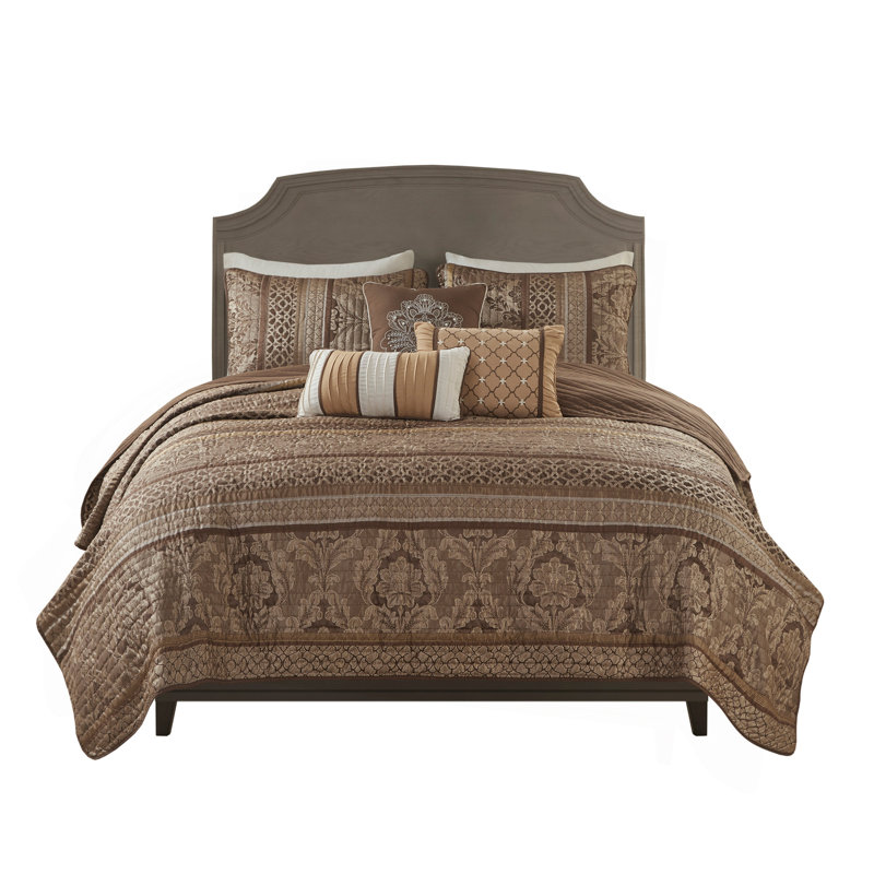 Ensemble de courtepointe 6 pièces avec coussins décoratifs en jacquard brun / or double / grand