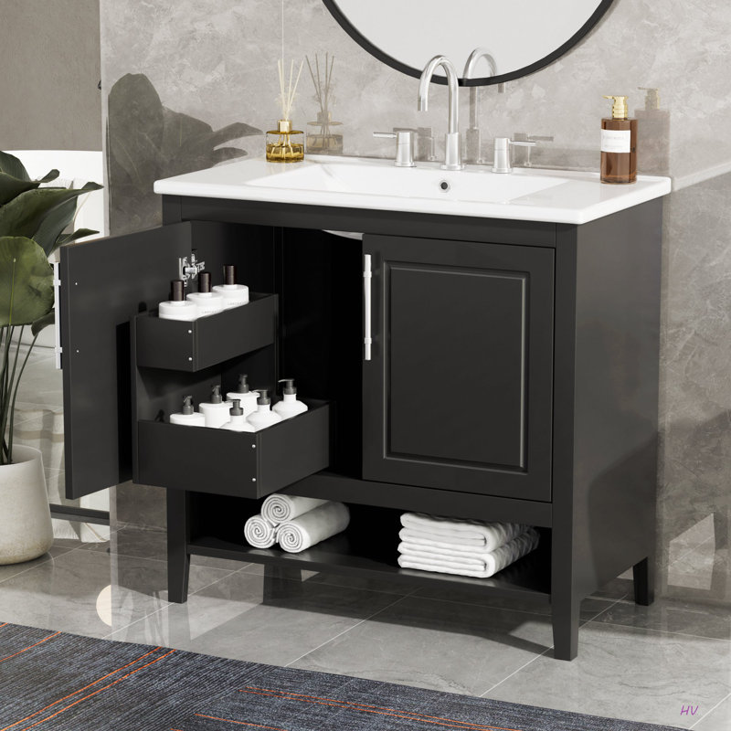 Meuble-lavabo 36 po avec lavabo, armoire de salle de bain multifonctionnelle avec portes et tiroirs, structure en panneau de fibres à densité moyenne et panneau de fibres à densité moyenne