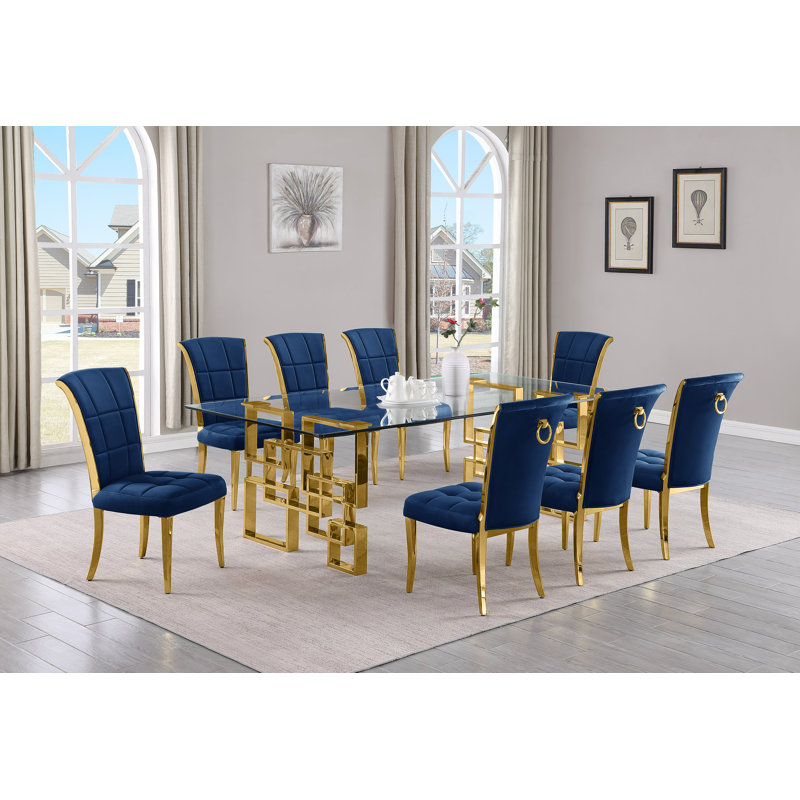 Solie Large Rectangular 95'' L x 46.00'' W Glass Dining Set with Velvet Chairs, Dark Gray/Gold, Gold, 9