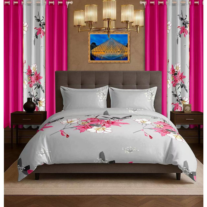 Ensemble de couvre-lit floral avec rideaux assortis, très grand, rose, Couvre-lit très grand + 8 pièces supplémentaire