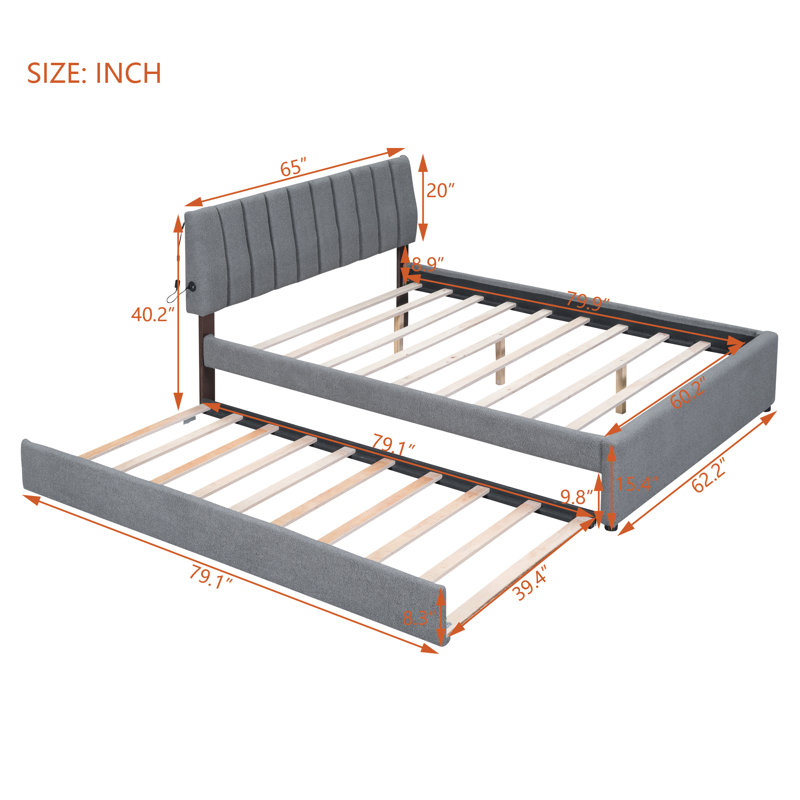 Lit plateforme tapissier, Gris, Grand lit