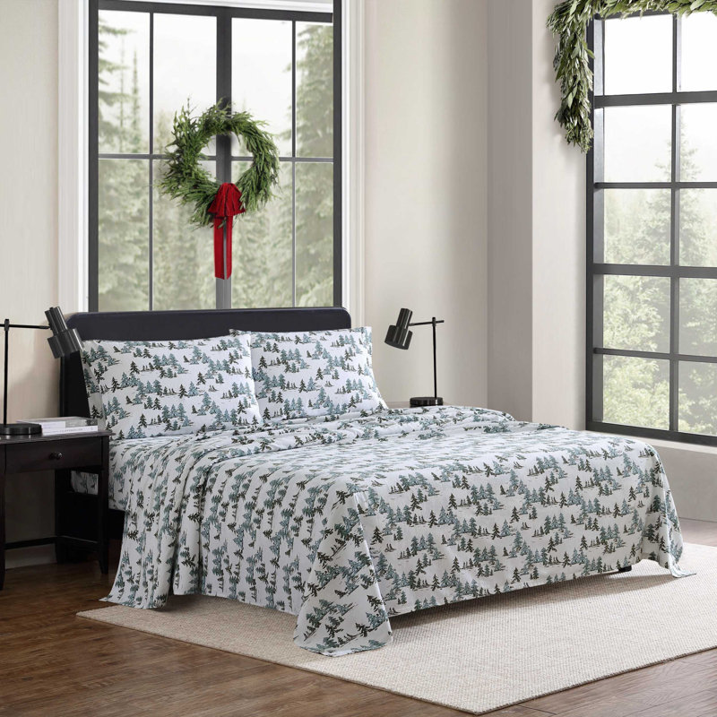 Twin Green Cotton Flannel Sheet Set with Snowy Pine Trees Print