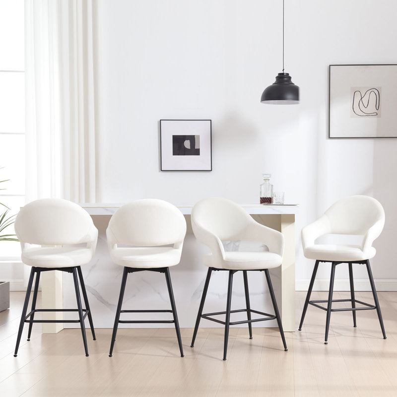 Swivel Upholstered Counter Stool with Curved Back and Metal Frame (Set of 4), 4, White