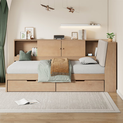Wooden   L-Shaped Daybed Corner Bed Under-Bed Drawers  With Storage Bookcase And Upholstered Headboard And USB Charging Ports For Limited Space
