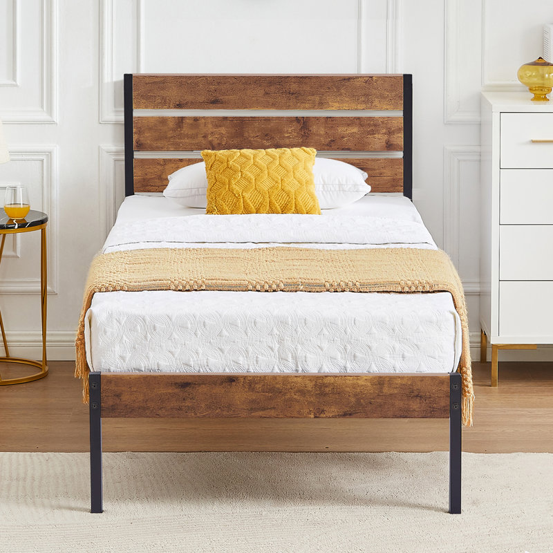 Alicia Twin Metal Bed Frame with Wooden Headboard & Footboard, Rustic Industrial Farmhouse Platform Bed with Heavy Duty Steel Support, No Box Spring Required, Under Bed Storage, Noise-Free Mattress Foundation, Brown