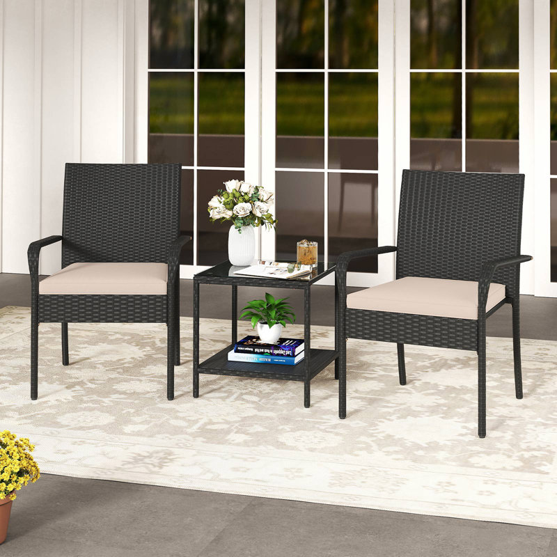  3 Piece Patio Furniture Set Outdoor Wicker Chair & Table Set w/ Seat Cushions Beige, Beige