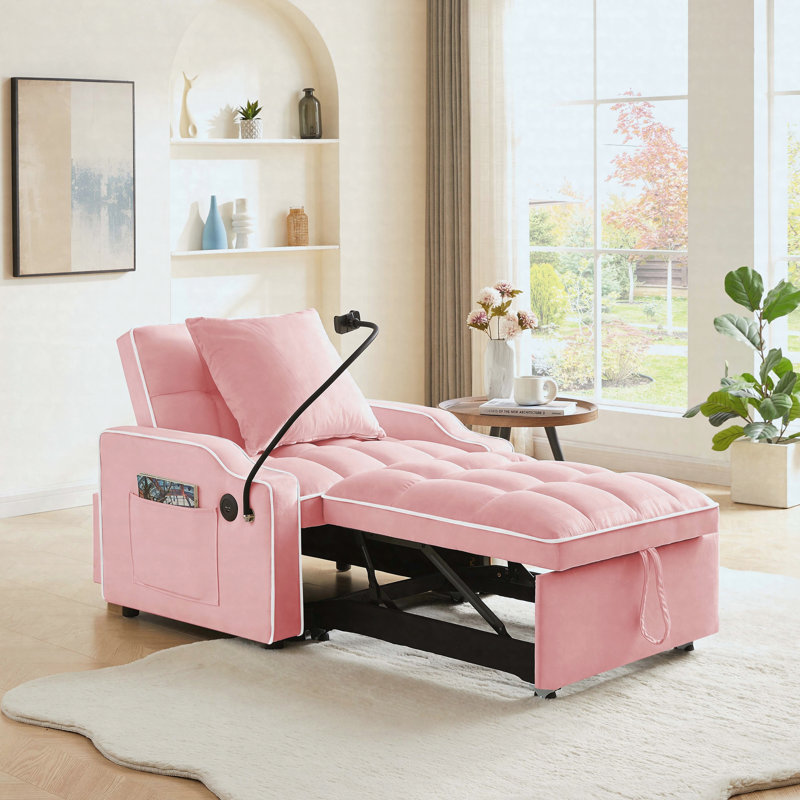 Canapé-lit inclinable 3-en-1 avec port USB et dossier réglable, rose, Rose