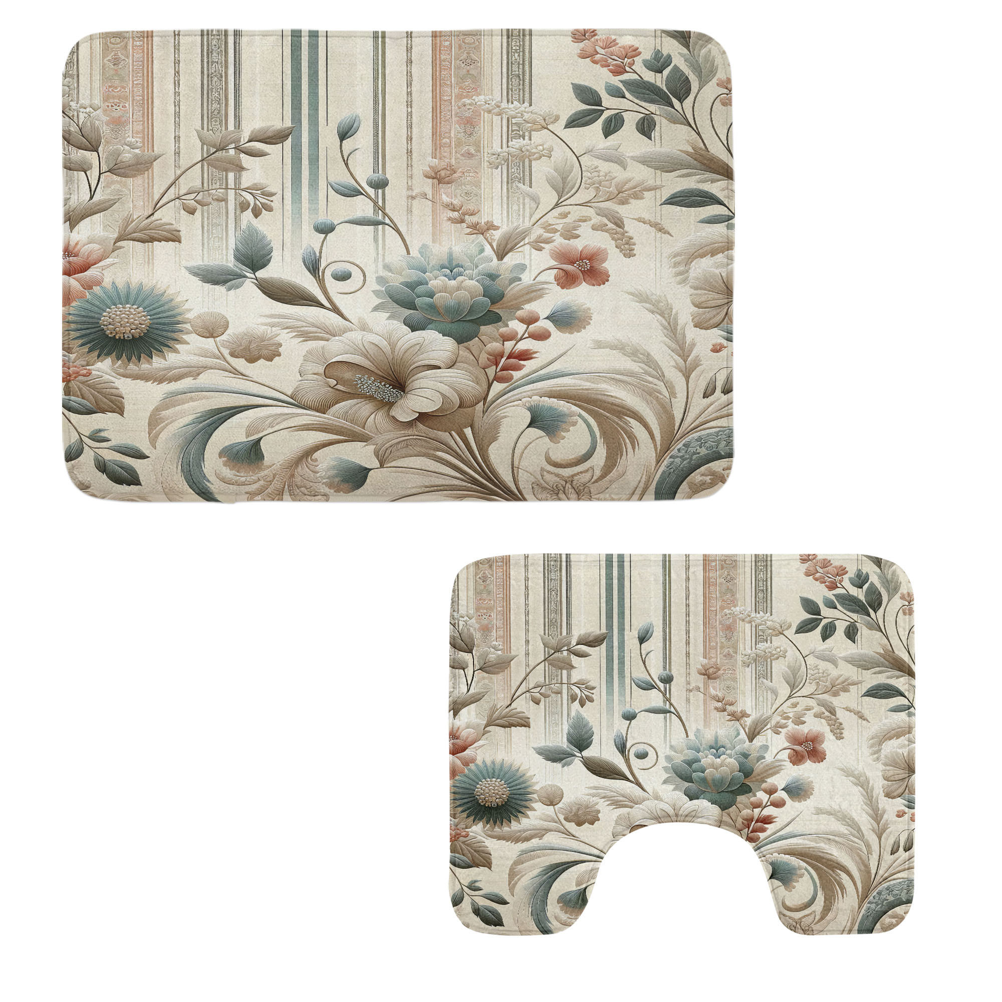 East Urban Home Vintage Bathroom Rug Set 2 Pieces Rectangle & Contour Mats Eggshell Pale Slate ...