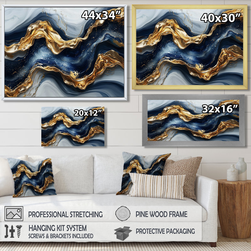 «Aqua River Of Nero Marquina», art mural en marbre abstrait, H 28 po x l 60 po, Toile tendue sur cadre, Ne s’applique pas