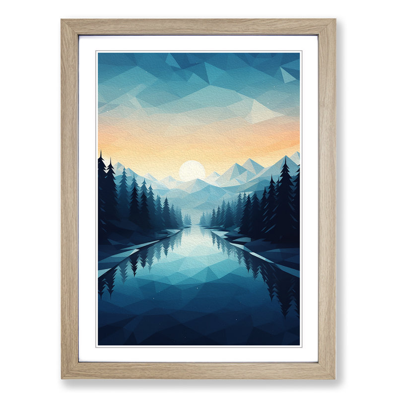 Winter Landscape Geometric No.4 - Single Picture Frame Print on Wood, 34cm H x 25cm W x 2cm D, Oak