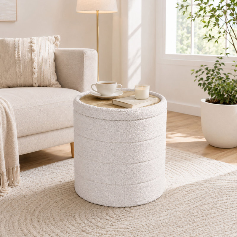 Round Folding Storage Ottoman, Reversible Tray Top