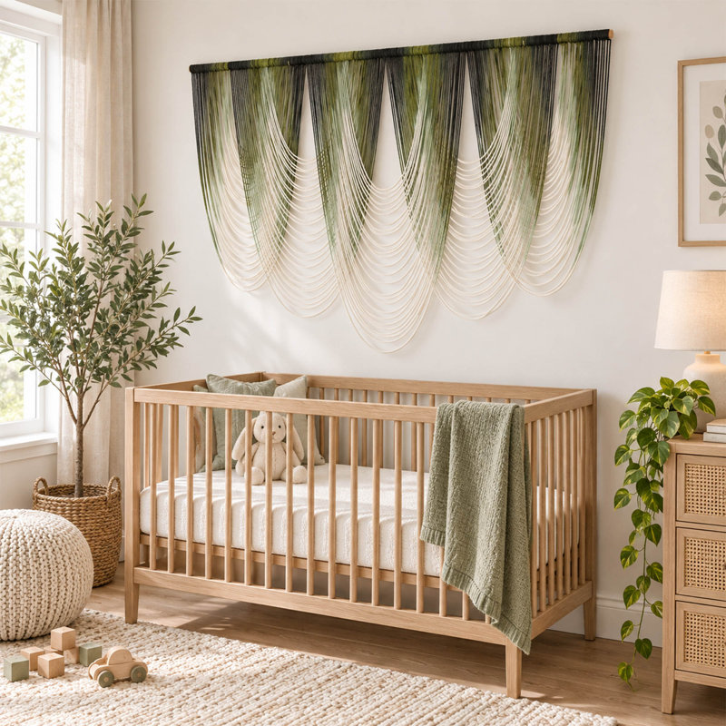 Dip-Dyed Green Macrame Wall Hanging with Wooden Rod