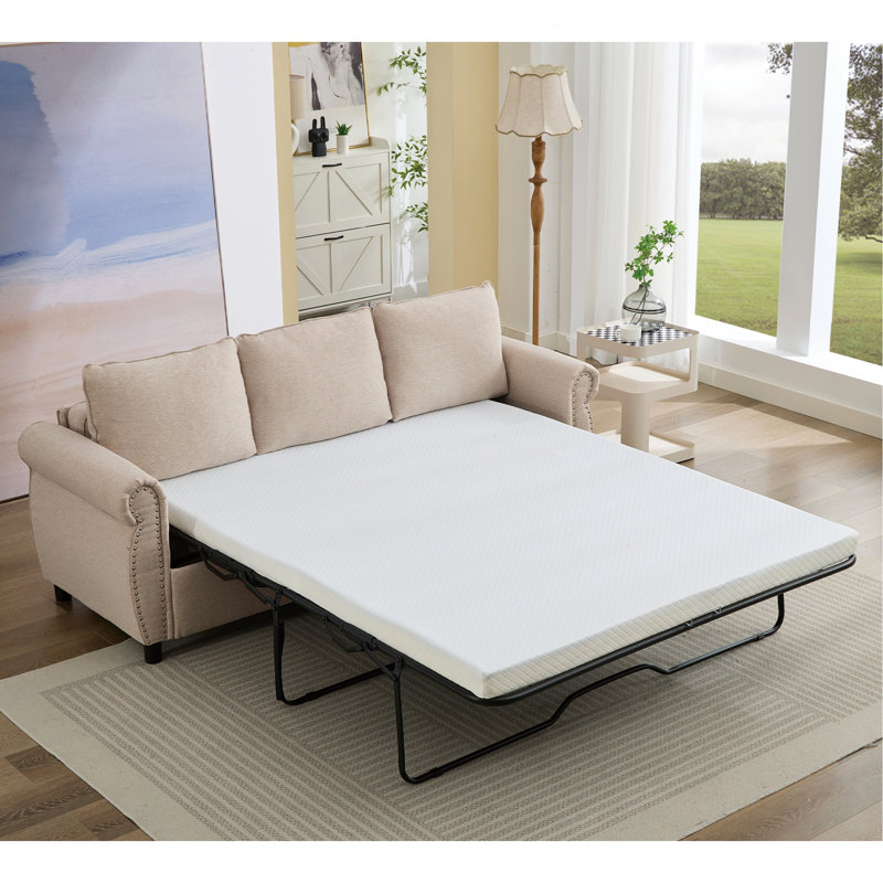 2 In 1 Queen Convertible Sleeper Sofa Bed With Memory Foam Mattress, Beige