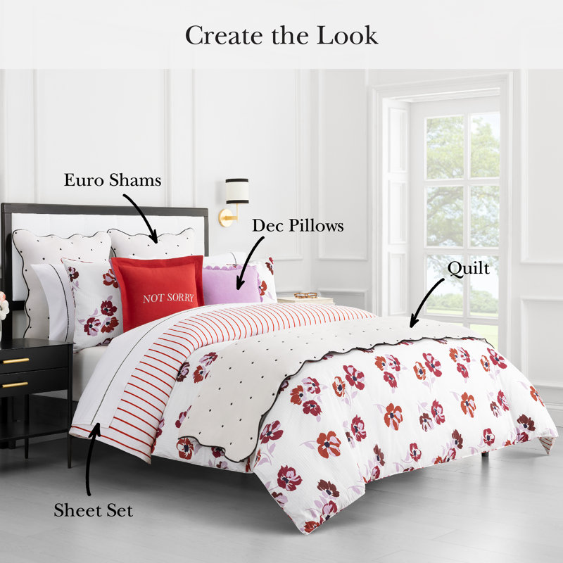 kate spade new york Fall Poppies Twin Comforter Set, 100% Cotton, All Season 2 Piece Reversible Bedding Set, White and Garnet